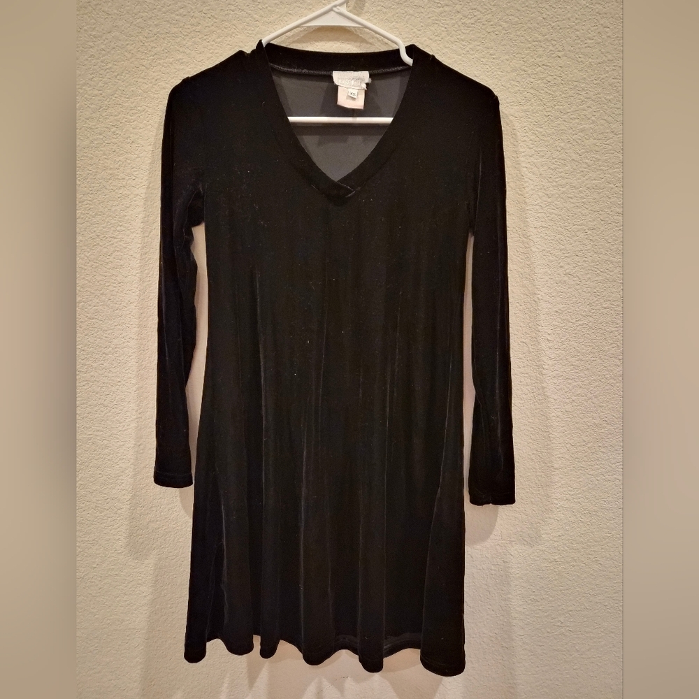 Vintage Moda INTL elegant Black Long Sleeve velvet Dress V-neck XS